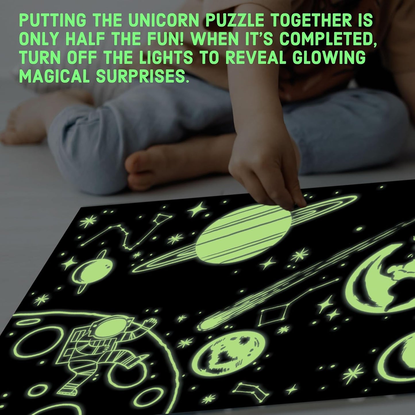 Outer Space – 100 Piece Glow in the Dark Jigsaw Puzzle with a Fun Scene of Planets and Stars and Hidden Details in the Dark