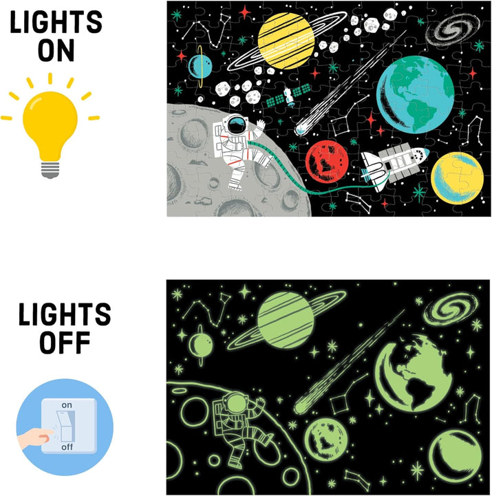 Outer Space – 100 Piece Glow in the Dark Jigsaw Puzzle with a Fun Scene of Planets and Stars and Hidden Details in the Dark