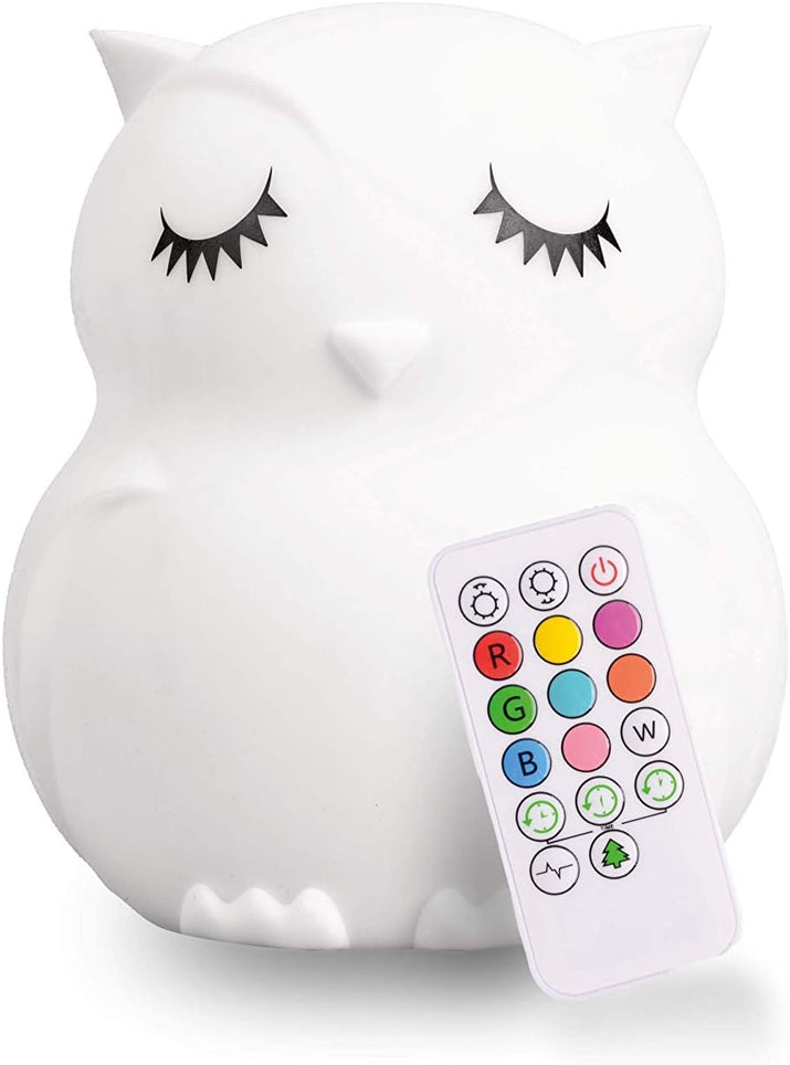 Remote Control Silicone Night Light for Kids - Owl Design with 9 Soft Colors & Sleep Timer - Rechargeable, Battery-Operated Lamp for Bedroom | Baby Nursery, Toddler, Girls, Boys