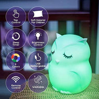Remote Control Silicone Night Light for Kids - Owl Design with 9 Soft Colors & Sleep Timer - Rechargeable, Battery-Operated Lamp for Bedroom | Baby Nursery, Toddler, Girls, Boys