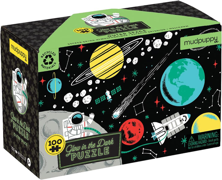 Outer Space – 100 Piece Glow in the Dark Jigsaw Puzzle with a Fun Scene of Planets and Stars and Hidden Details in the Dark