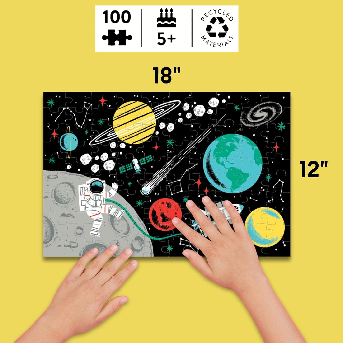 Outer Space – 100 Piece Glow in the Dark Jigsaw Puzzle with a Fun Scene of Planets and Stars and Hidden Details in the Dark
