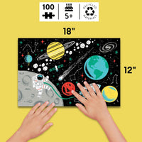 Outer Space – 100 Piece Glow in the Dark Jigsaw Puzzle with a Fun Scene of Planets and Stars and Hidden Details in the Dark